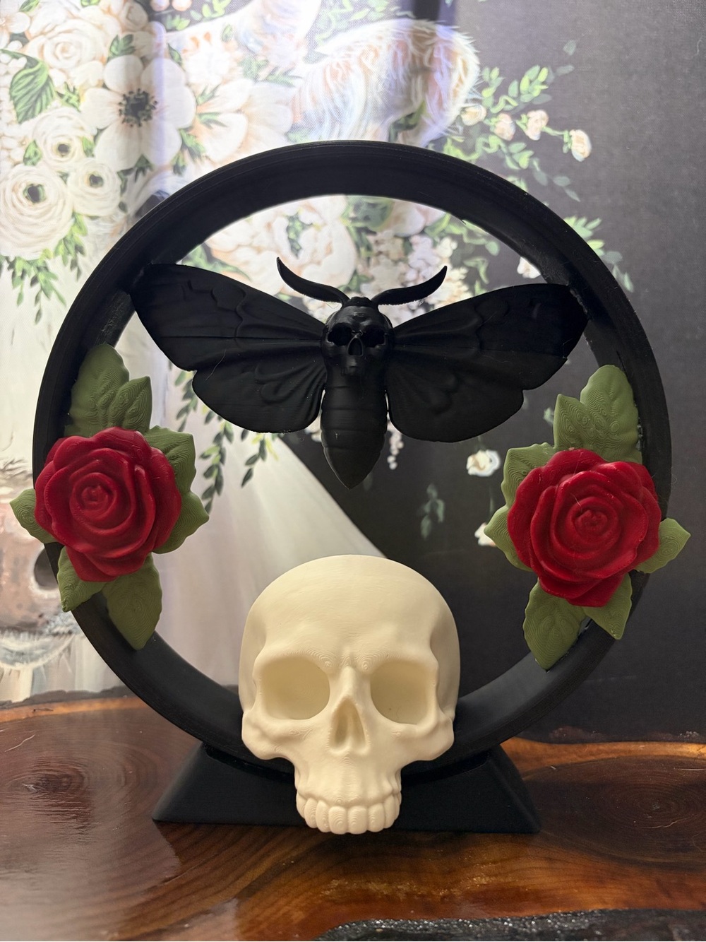 Black Gothic Skull & Moth Circle Accent with Red Roses - Home Accents